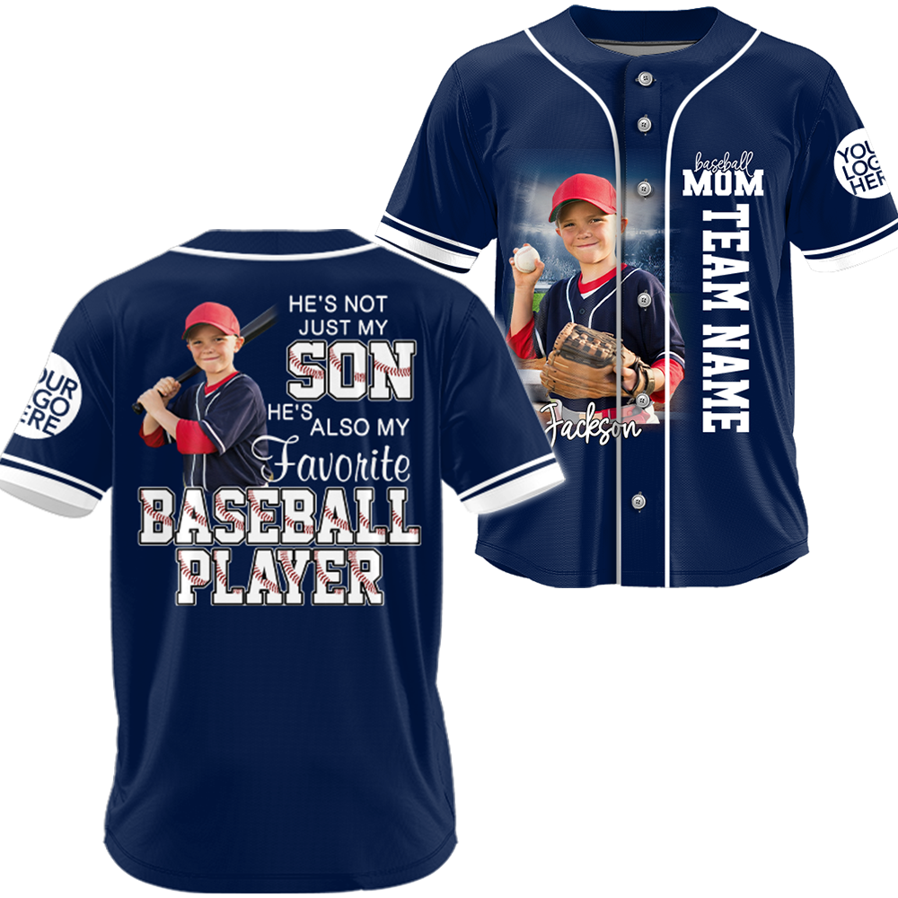 Custom Baseball Mom Jersey With Photo – Personalized Baseball Player Shirt – He’s Not Just My Son He’s My Favorite Baseball Player T24