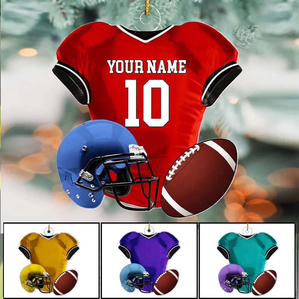 Personalized Name American Football Uniform Ornament, Football Helmet And Ball, Custom Name Ornament, Personalized Acrylic Ornament