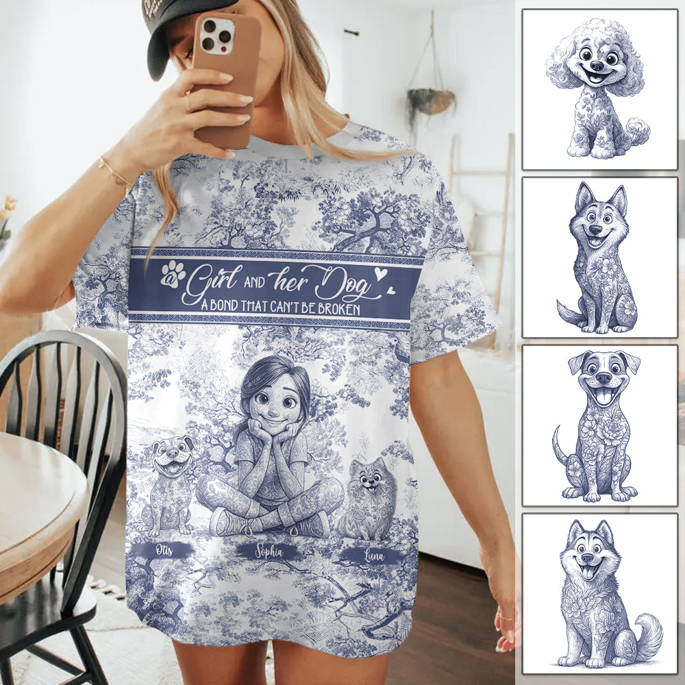 Custom A Girl and Her Dog a Bond That Cant Be Broken Style Gift Toile De Jouy Chinoiseries, Personalized All Over Print Shirt