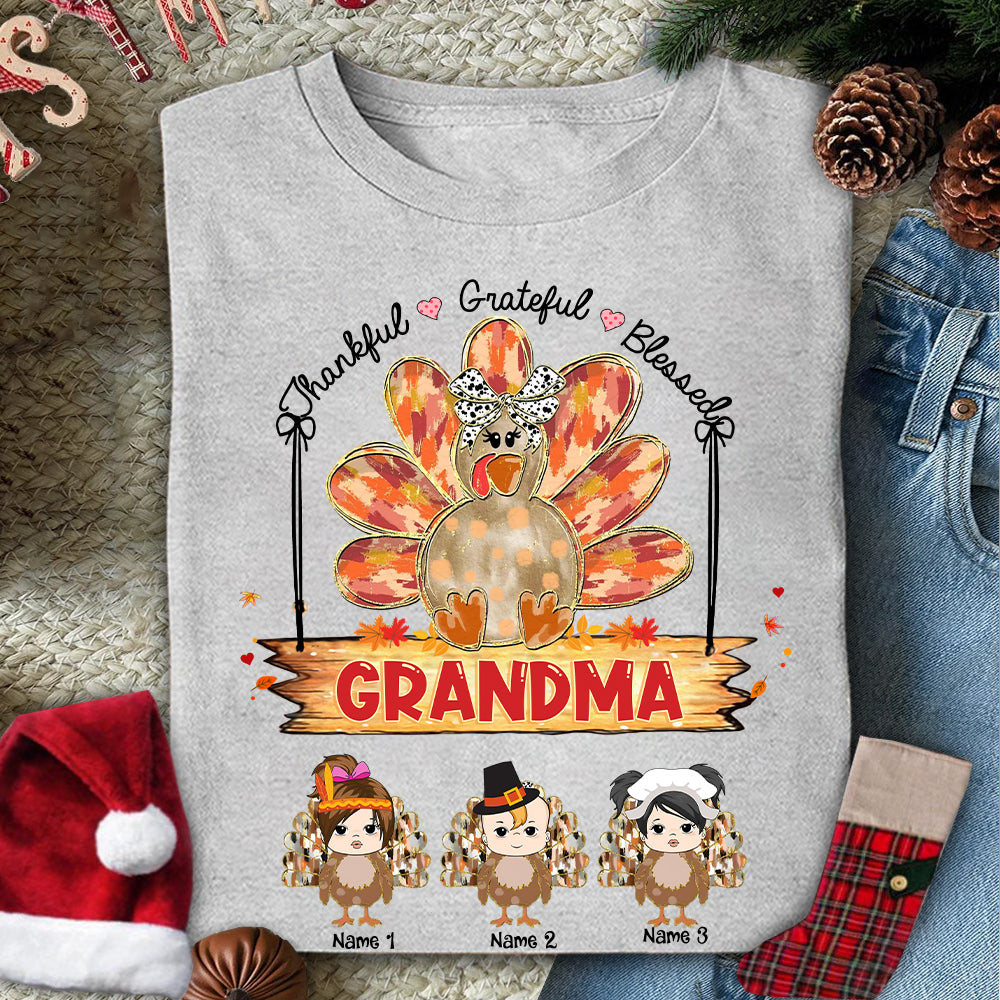 Custom Thankful Grateful Blessed Grandma Turkey Shirt - Custom Thanksgiving Shirt For Family NA04