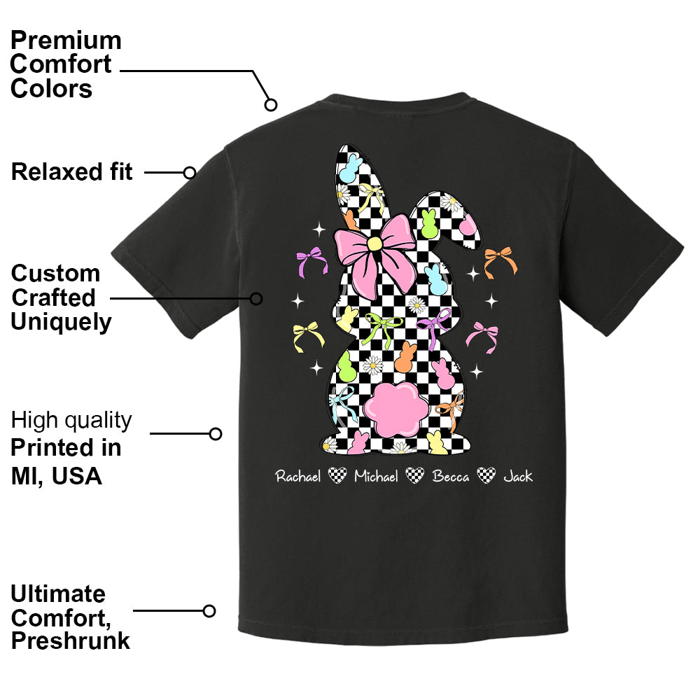 Custom Easter Retro Checkered Pink Bunny Bow T-Shirt, Personalized Gift For Grandma & Kids