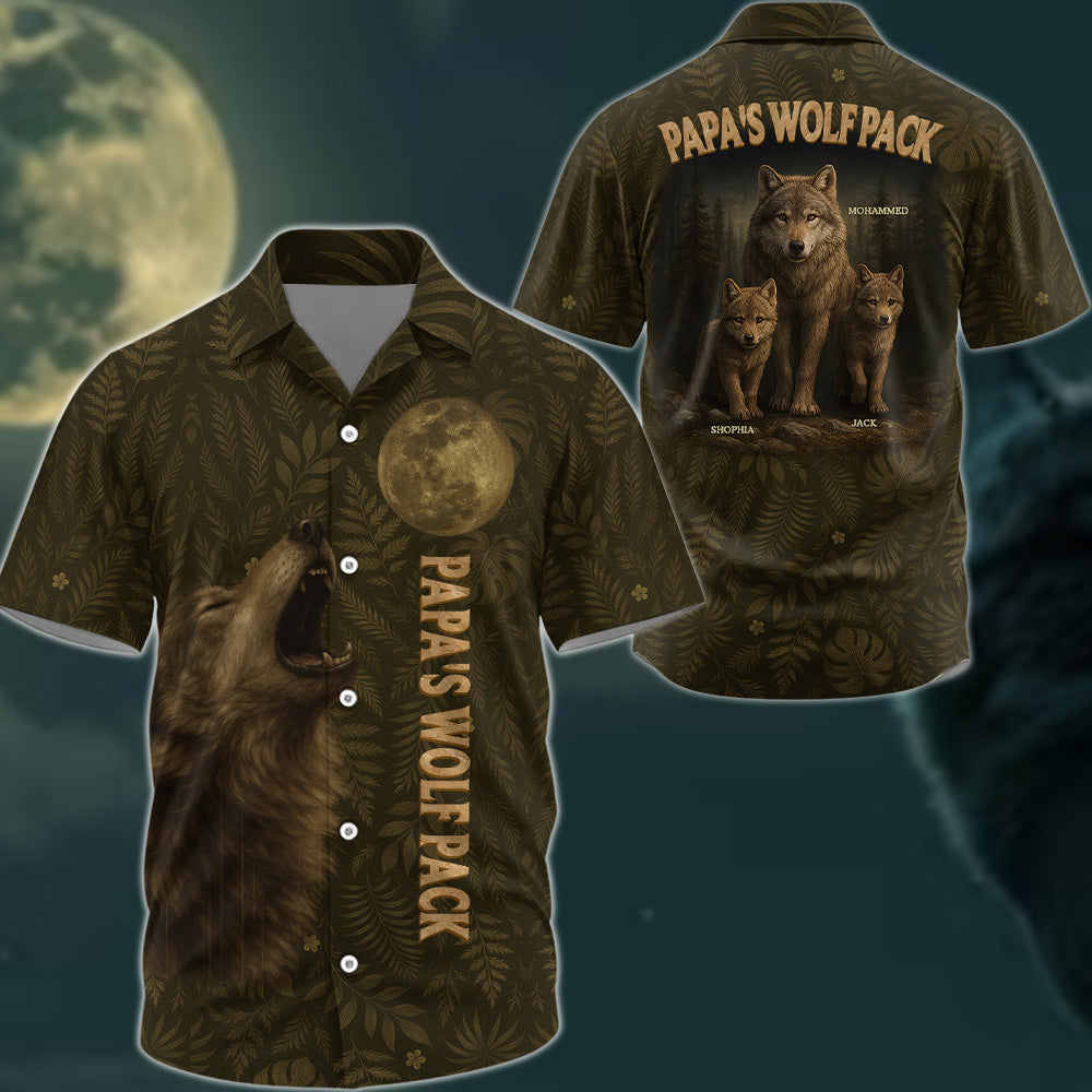 Custom Papa Wolf Pack Hawaiian Shirt, Custom Grandpa With Kids Names Short Sleeve Silk Shirt, Personalized Wolf Pack Tee, Gift For Grandpa, Father's Day Gift