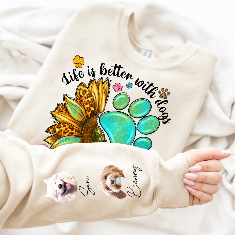 Life Is Better With Dogs Leopard Sunflower Custom Sweatshirt - Gift For Dog Owners, Dog Lovers