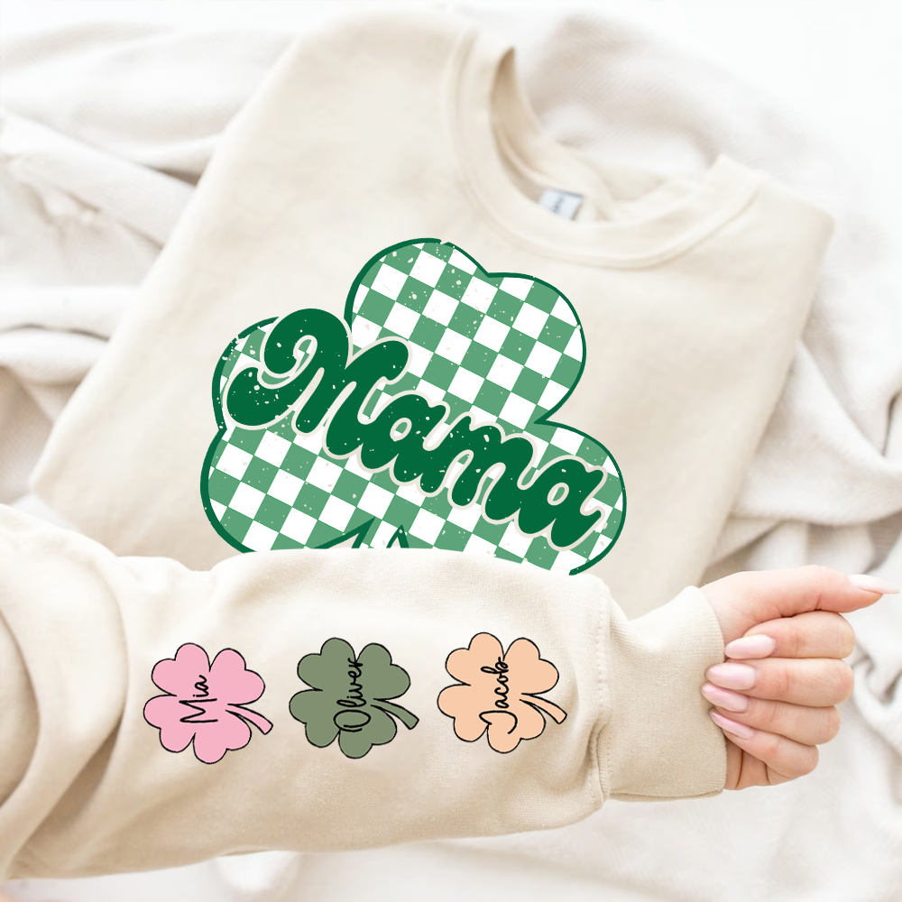 Mama Shamrock Shirt With Kids Name On Sleeves, Mama Png, Lucky Shirt, St Patrick's Day Shirt, Clover Shirt, Lucky Shamrock Shirt