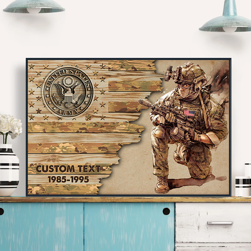 Personalized Poster Canvas Frame USA Half Flag With Military Art Name & Units Patch Gift For Veterans K1702