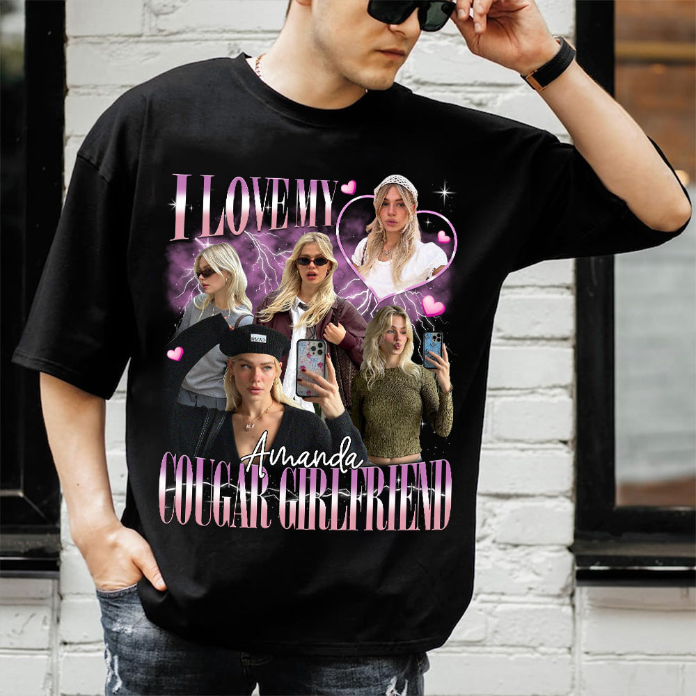 Custom I Love My Cougar Girlfriend Comfort Colors Shirt, I Heart My Cougar Shirt, Valentine Gift I Love My Girlfriend Custom Picture, Girlfriend Bootleg Tee Shirt, 90s Bootleg Shirt