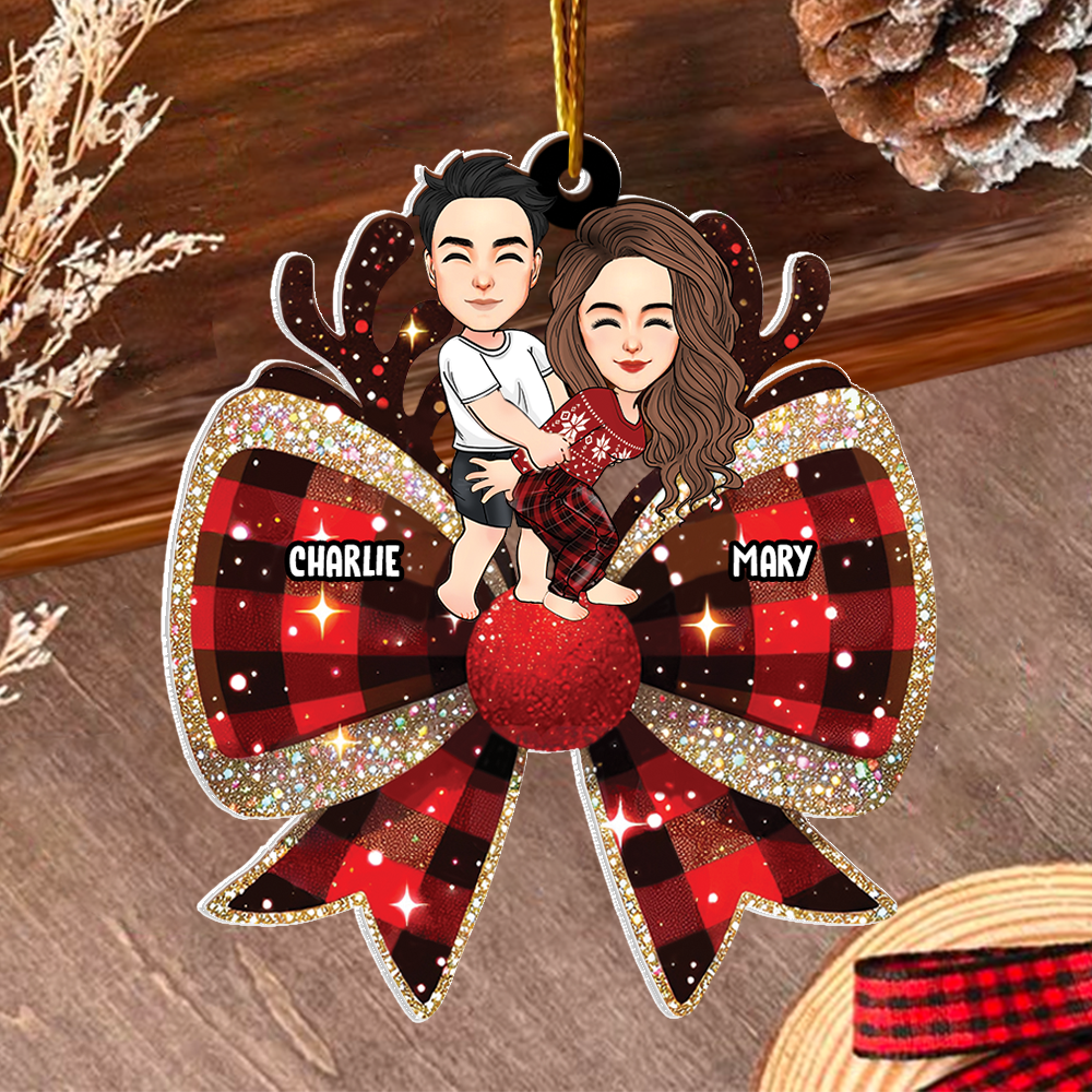 Christmas Checkered Coquette Bow Persionalized Acrylic Ornament For Couple T0807