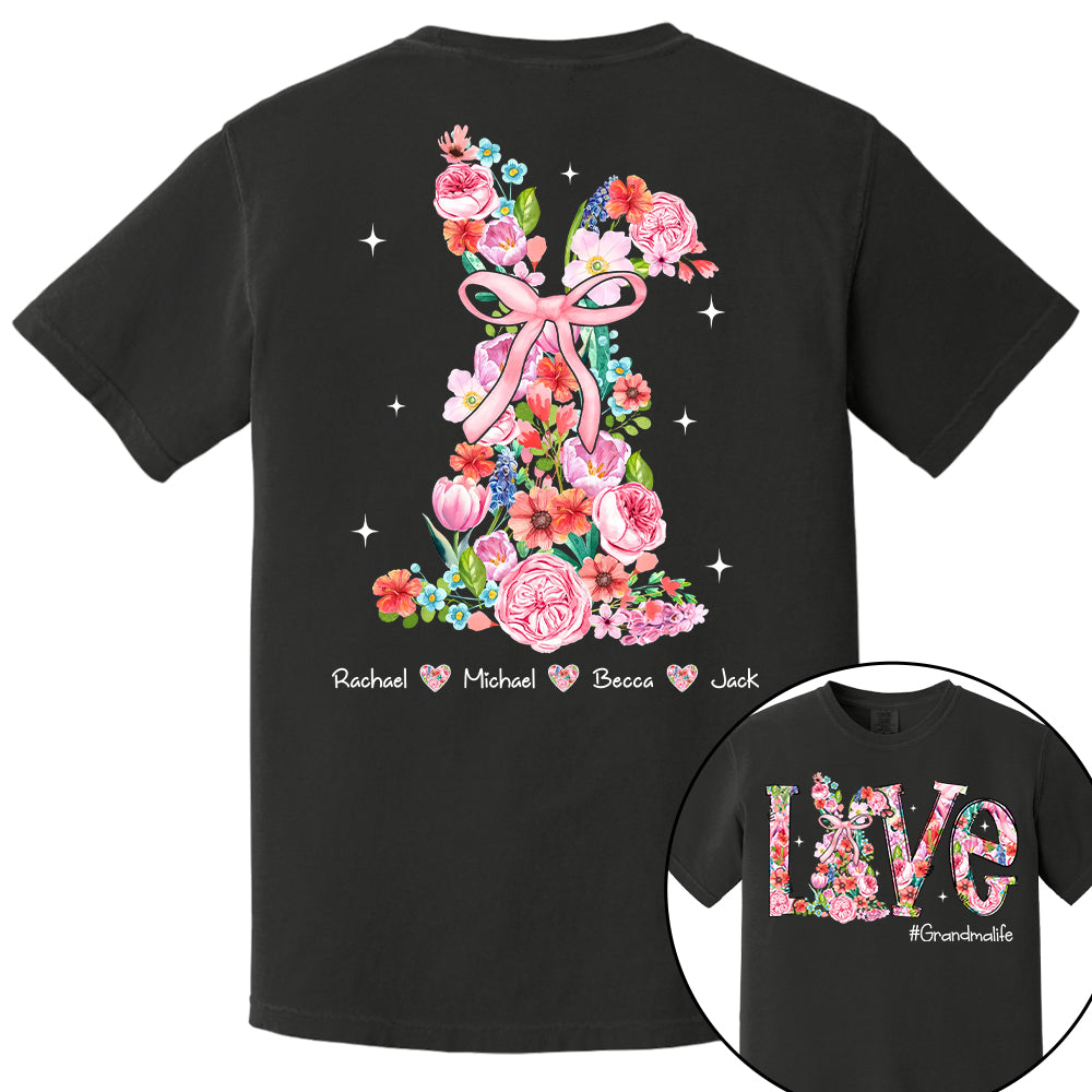 Custom Easter Watercolor Floral Bunny Bow T-Shirt, Personalized Gift For Grandma & Kids