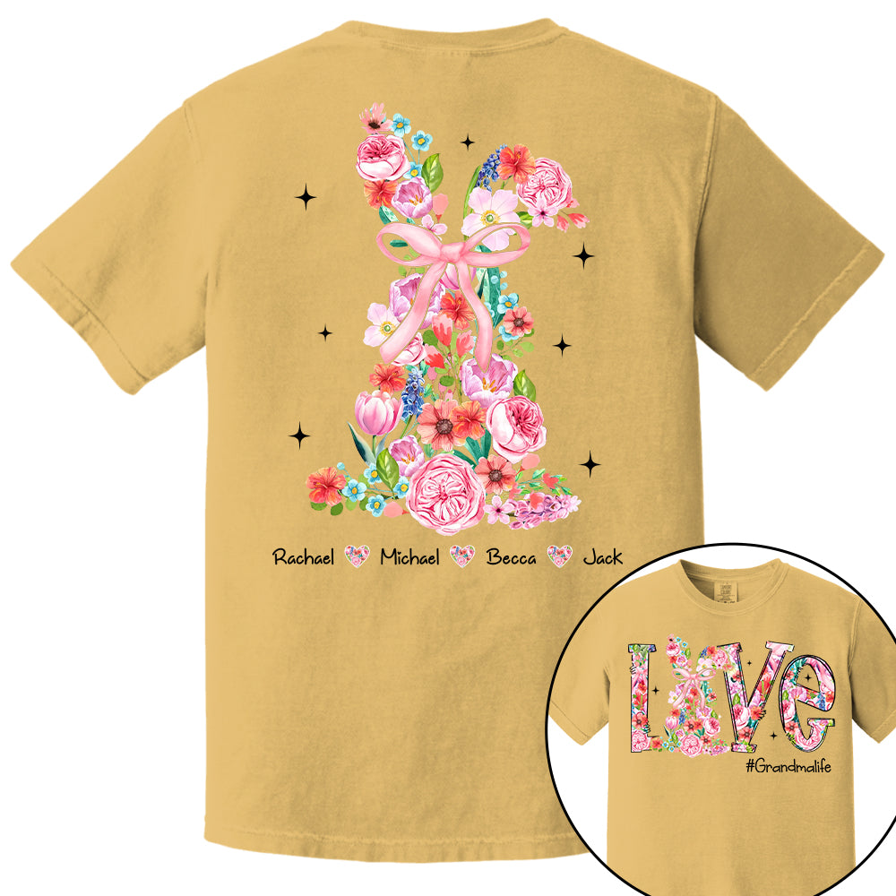 Custom Easter Watercolor Floral Bunny Bow T-Shirt, Personalized Gift For Grandma & Kids