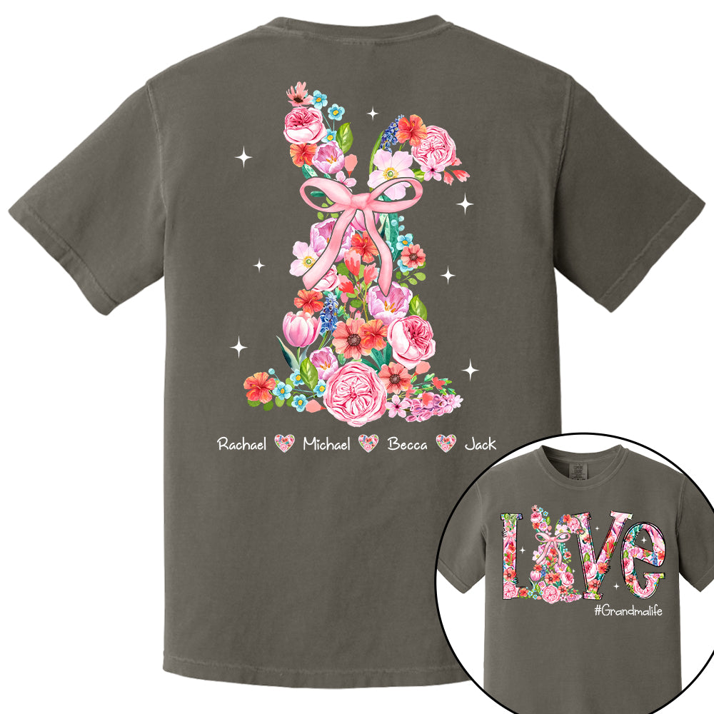 Custom Easter Watercolor Floral Bunny Bow T-Shirt, Personalized Gift For Grandma & Kids