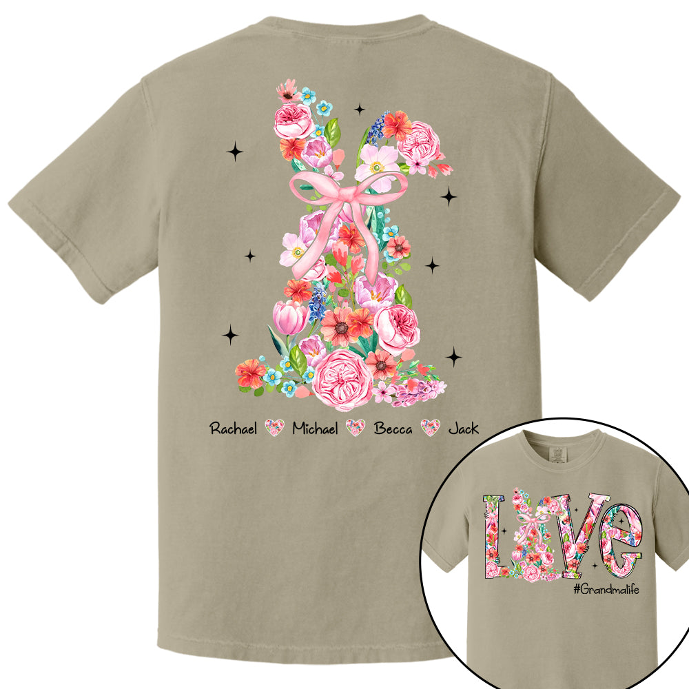 Custom Easter Watercolor Floral Bunny Bow T-Shirt, Personalized Gift For Grandma & Kids