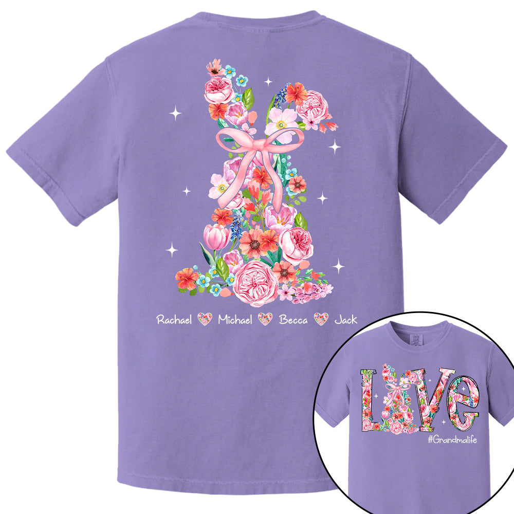 Custom Easter Watercolor Floral Bunny Bow T-Shirt, Personalized Gift For Grandma & Kids