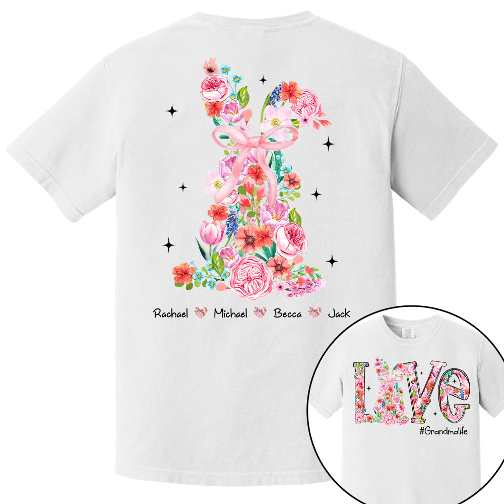 Custom Easter Watercolor Floral Bunny Bow T-Shirt, Personalized Gift For Grandma & Kids