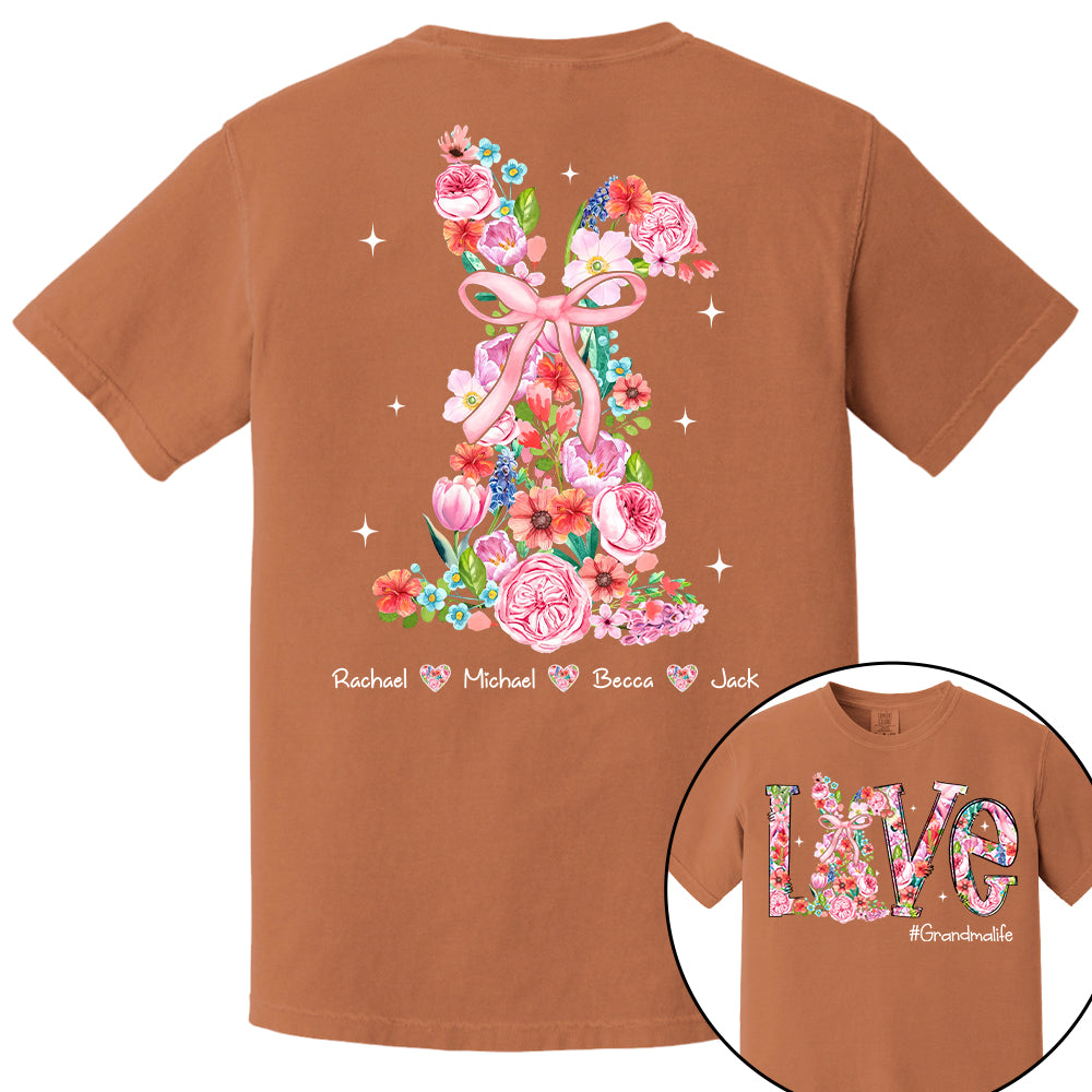 Custom Easter Watercolor Floral Bunny Bow T-Shirt, Personalized Gift For Grandma & Kids