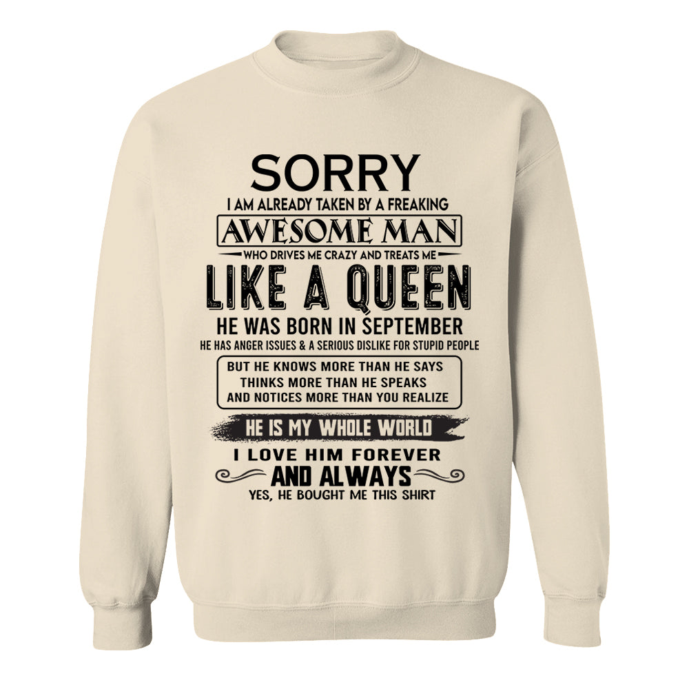 Sorry I Am Already Taken By A Freaking Awesome Man Born In September - Valentine Gift For Your Girlfriend, Wife