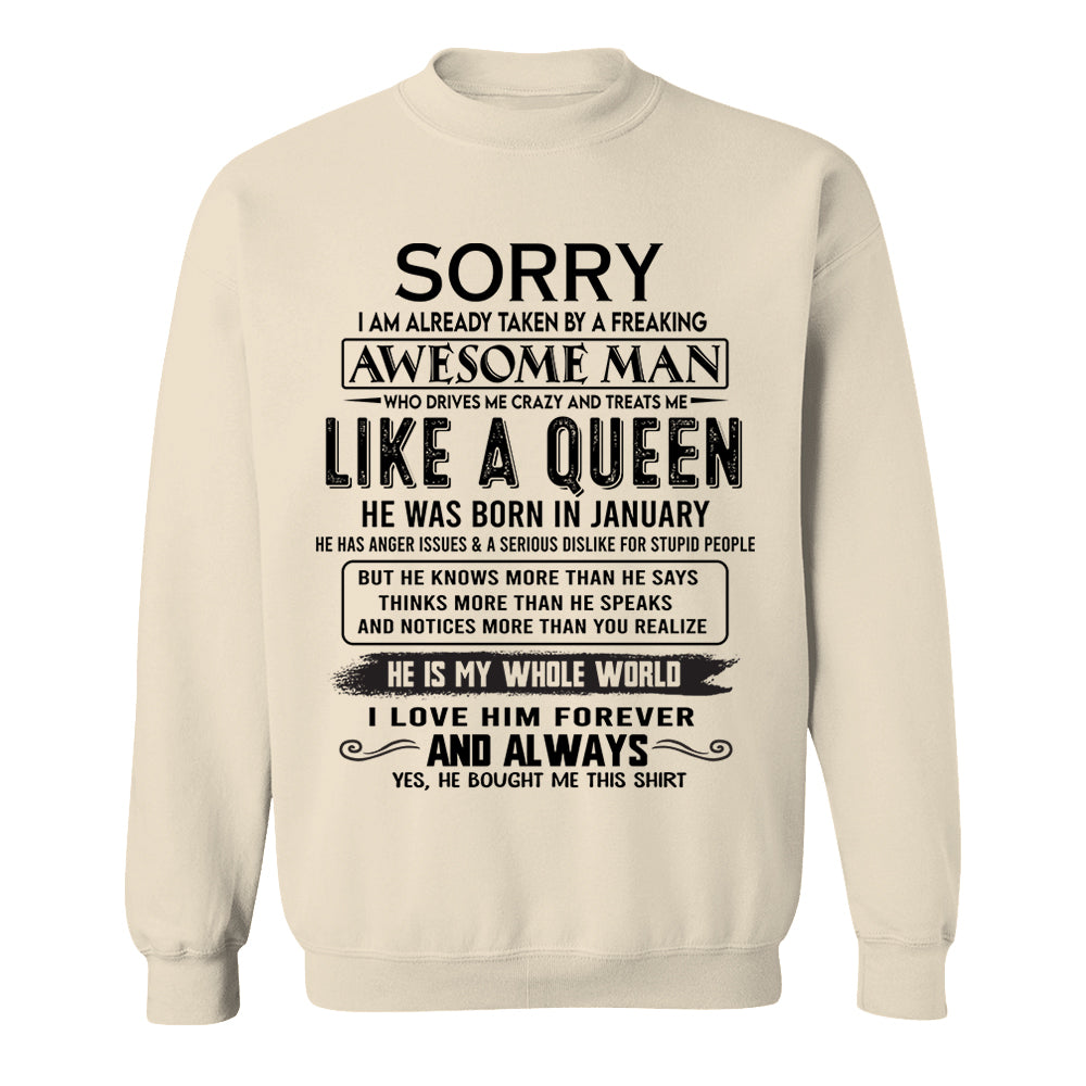 Sorry I Am Already Taken By A Freaking Awesome Man Born In January - Valentine Gift For Your Girlfriend, Wife