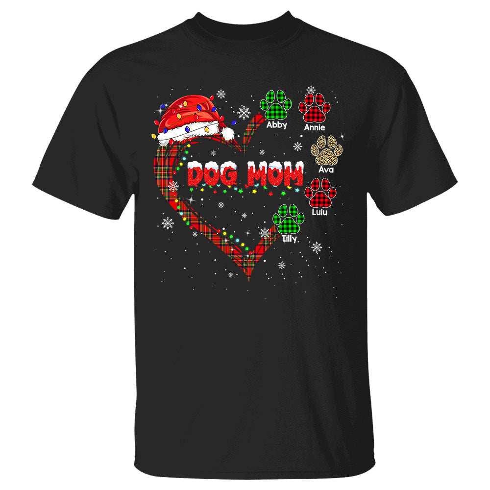 Personalized Dog Mom Heart Christmas Shirts, Funny Dog Mom With Paw Buffalo Plaid Shirt, Custom Dog Name Shirt