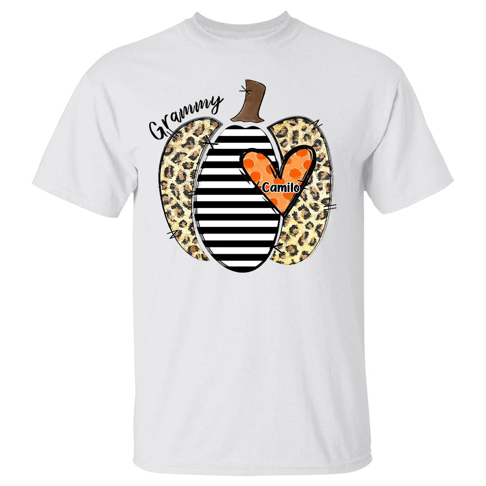 Personalized Grandma Pumpkin Heart Leopard Shirts, Grandma Nana Halloween Shirt, Custom Grandma With Grandkids Name Shirt