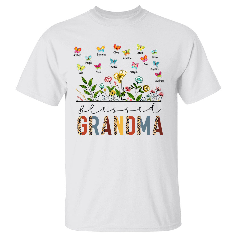 Blessed Grandma Retro Leopard Wildflowers & Butterflies Personalized Shirt