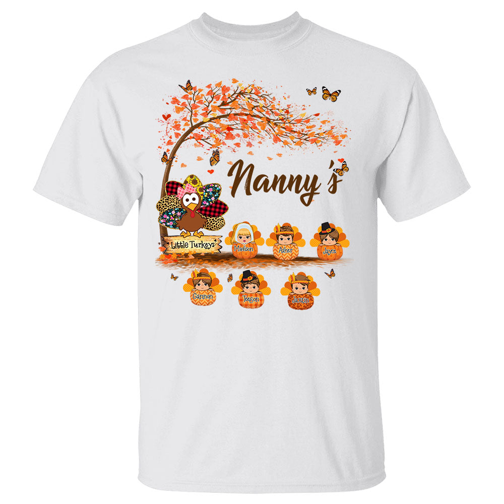 Personalized Nana Turkey Pumpkin Shirt With Grandkids Name, Autumn Thanksgiving Shirt For Grandmas