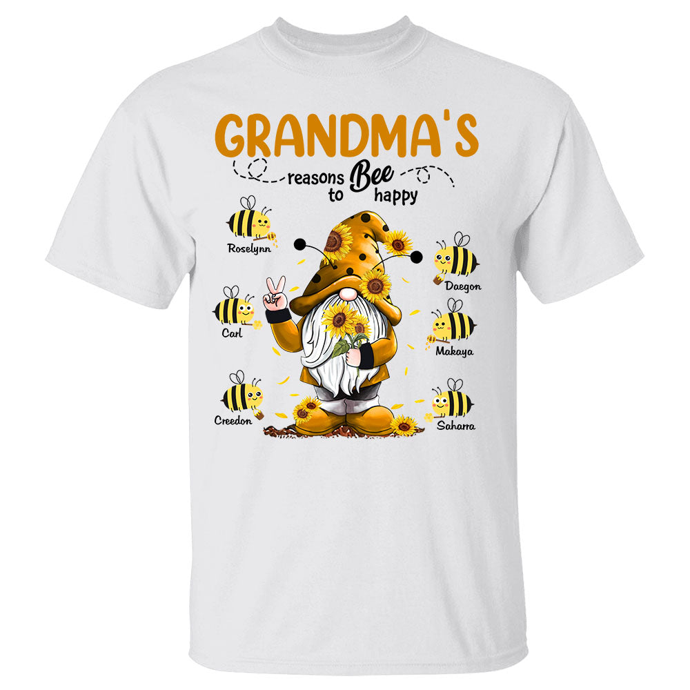 Personalized Grandma's Reason To Bee Happy Gnome Bees Shirt Grandma With Grandkids Name Shirt