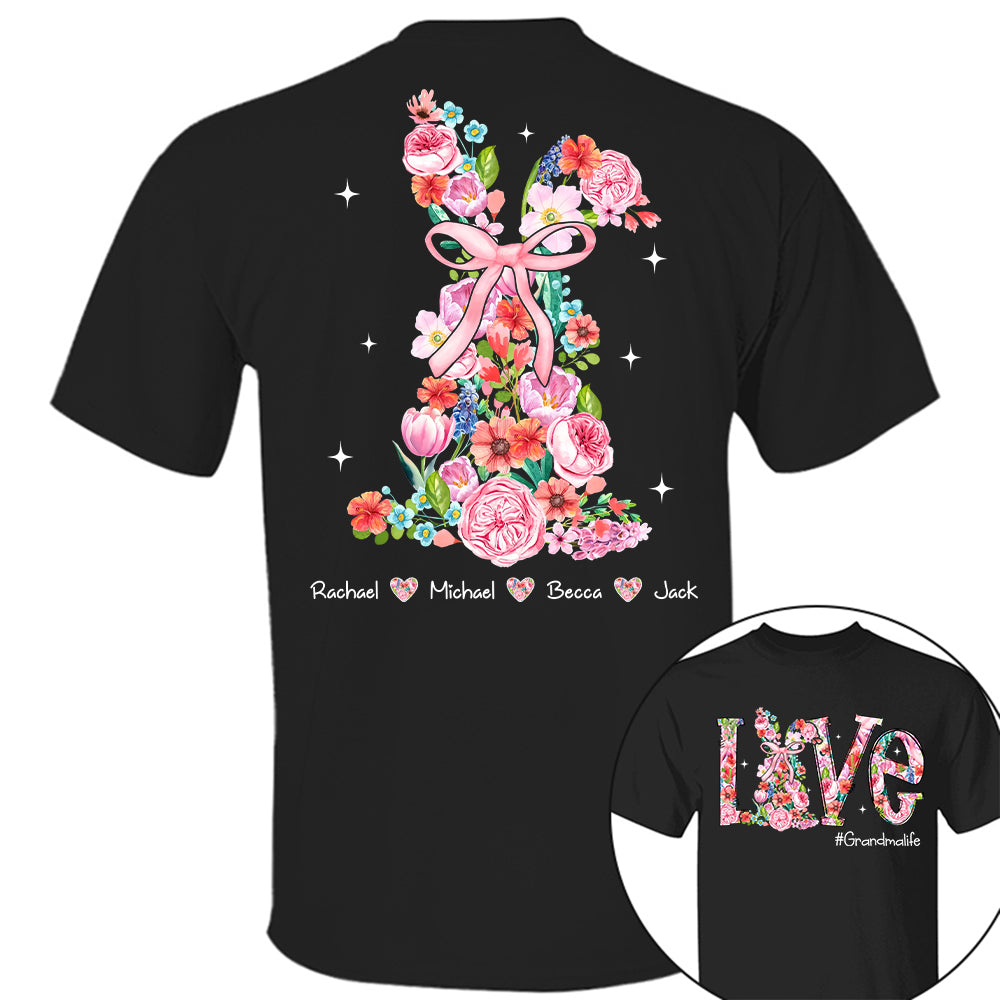 Custom Easter Watercolor Floral Bunny Bow T-Shirt, Personalized Gift For Grandma & Kids