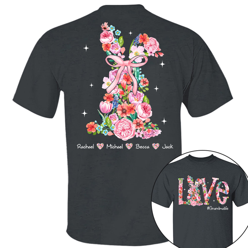 Custom Easter Watercolor Floral Bunny Bow T-Shirt, Personalized Gift For Grandma & Kids