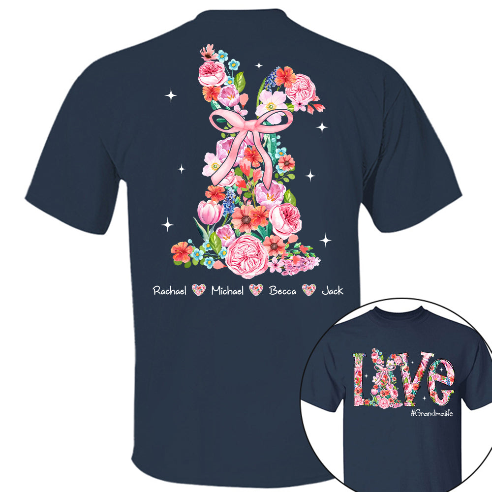 Custom Easter Watercolor Floral Bunny Bow T-Shirt, Personalized Gift For Grandma & Kids