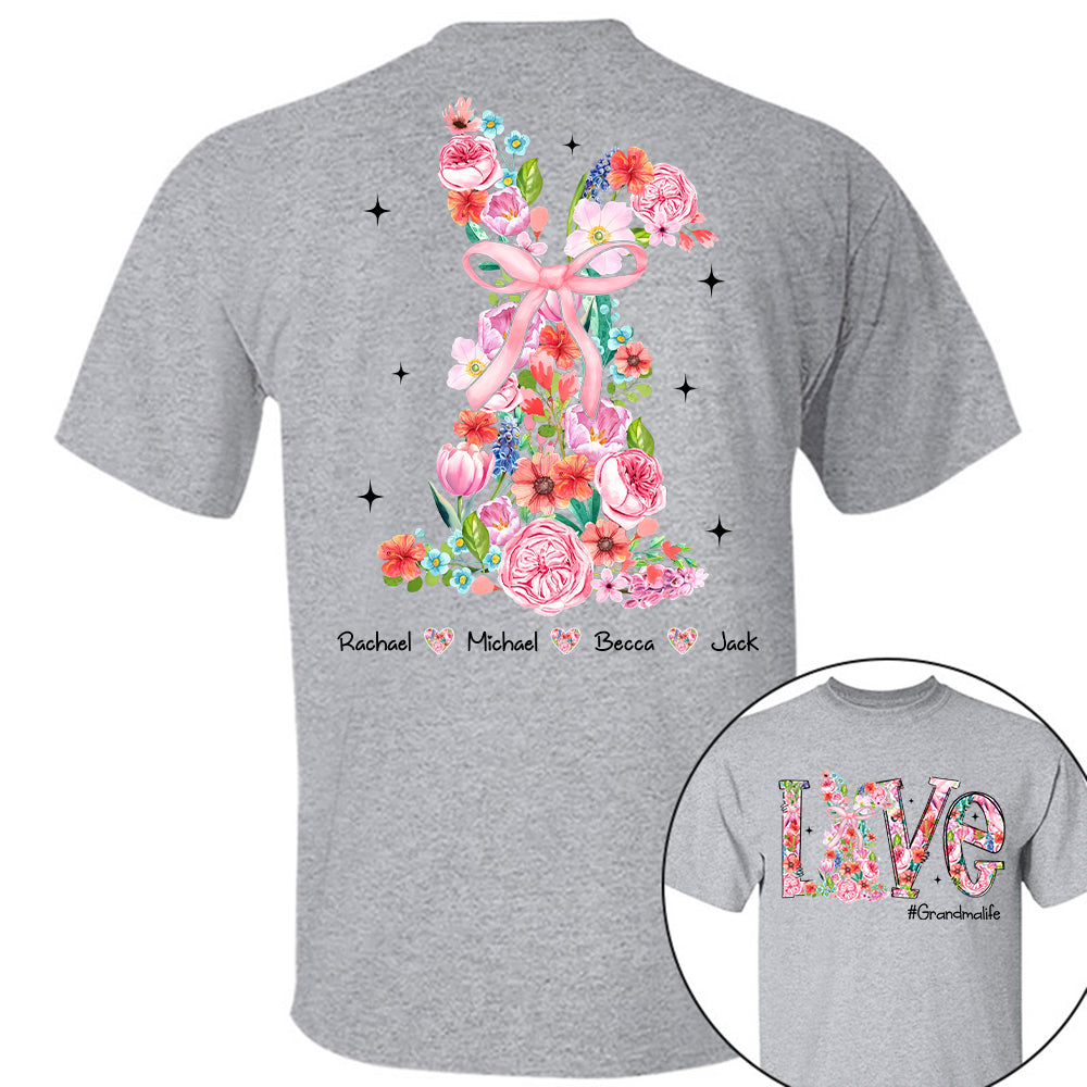 Custom Easter Watercolor Floral Bunny Bow T-Shirt, Personalized Gift For Grandma & Kids