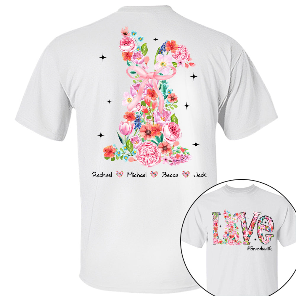 Custom Easter Watercolor Floral Bunny Bow T-Shirt, Personalized Gift For Grandma & Kids