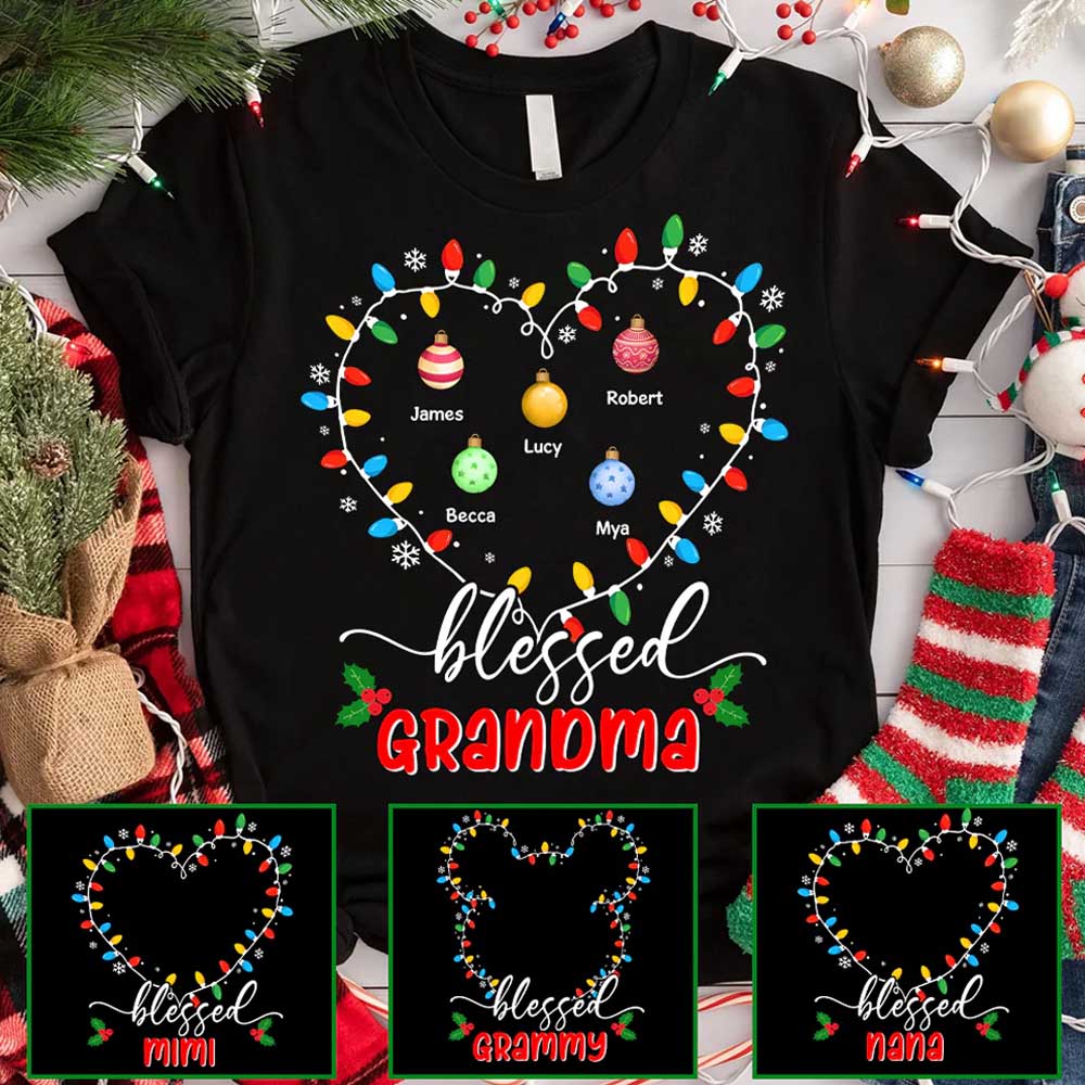 Blessed Grandma Christmas Lights - Personalized Custom T Shirt - Christmas, Loving, Funny Gift for Grandma/Nana/Mimi, Mom, Wife, Grandparent