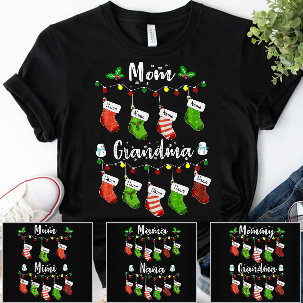 Personalized Mom Grandma Christmas Socks Shirt, Grandma Christmas Shirt, Grandma With Grandkids Name Shirt