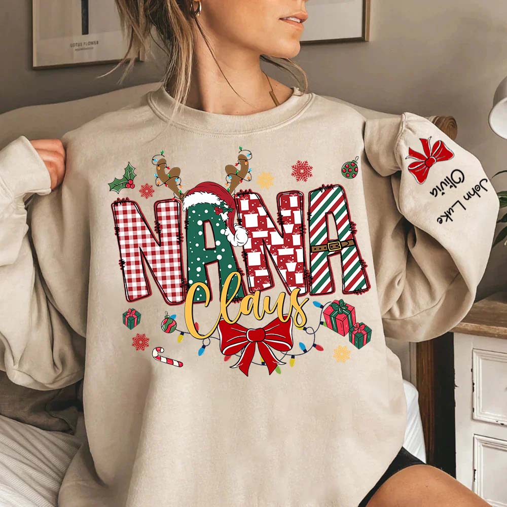 Personalized Christmas Nana Claus Coquette Shirt, Custom Mama Claus Christmas Tree Cake Coquette Bow Candy Cane Santa Hot Cocoa Shirt