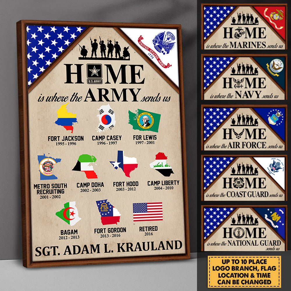 Personalized Gift For Veteran Dad Grandpa Custom Gift For Veteran Home Is Where The Military Branch Sends Us Poster Canvas For Veteran Home H2511