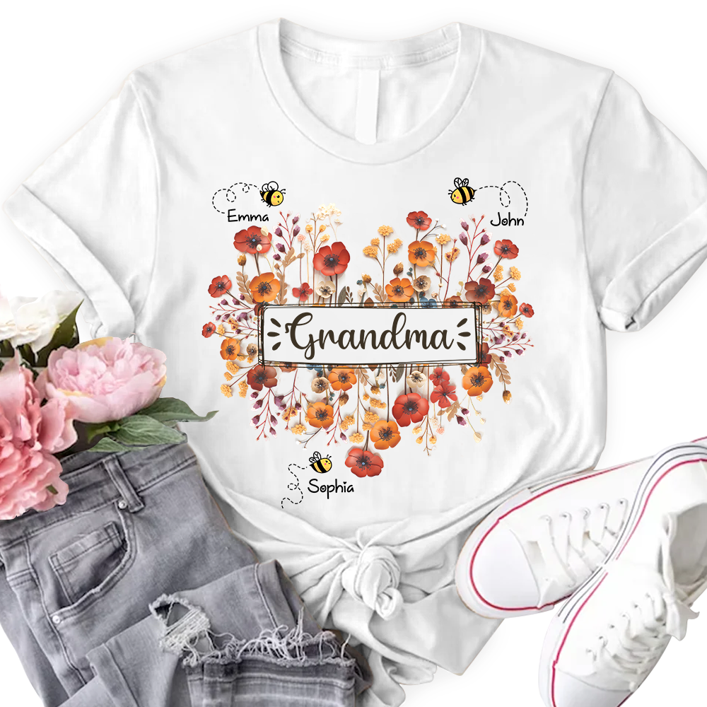 Personalized Grandma Bee Boho Wild Flowers And Grandkids Mother's Day Shirt