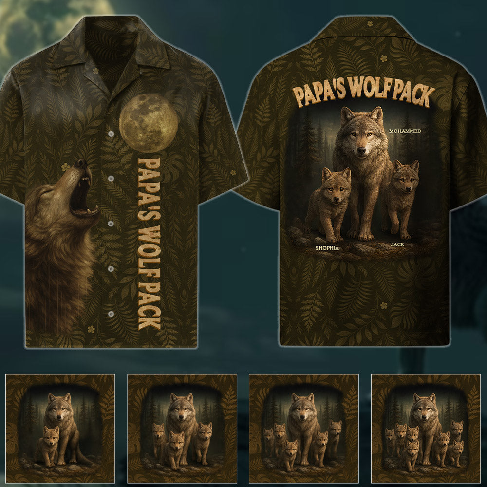 Custom Papa Wolf Pack Hawaiian Shirt, Custom Grandpa With Kids Names Short Sleeve Silk Shirt, Personalized Wolf Pack Tee, Gift For Grandpa, Father's Day Gift
