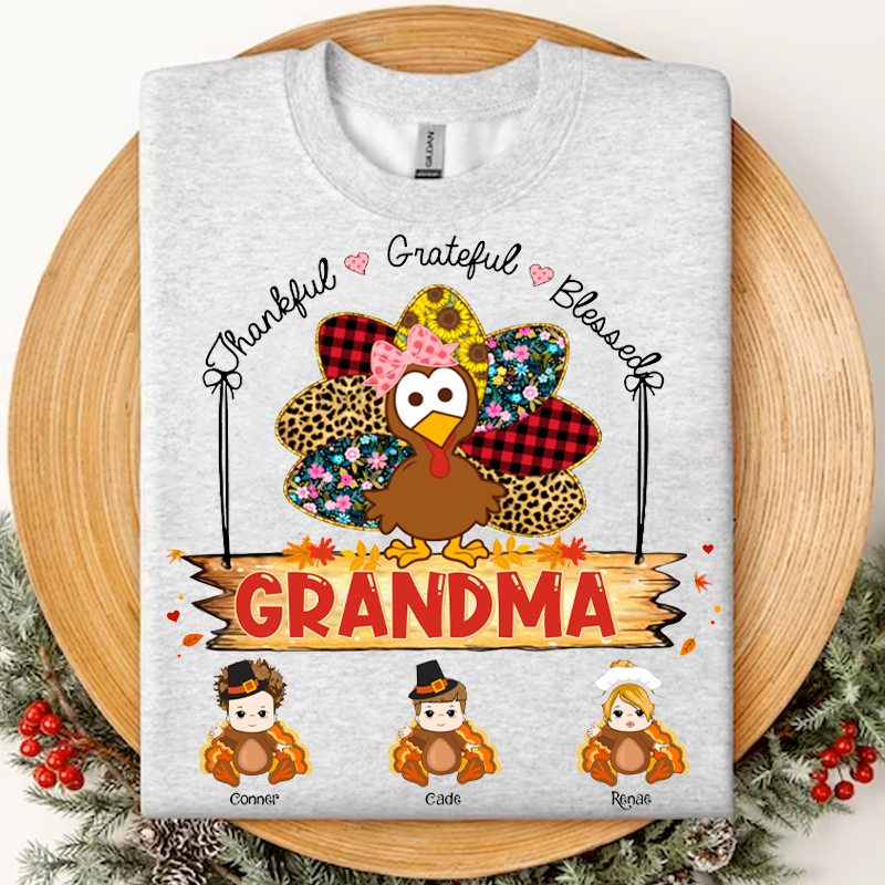 Custom Thankful Grateful Blessed Grandma Turkey Shirt - Custom Thanksgiving Shirt For Family