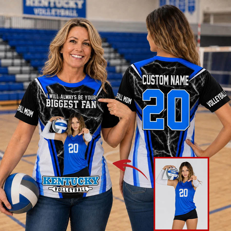 Personalized Volleyball Mom Shirt, I’ll Always Be Your Biggest Fan, Custom Photo Player, Name & Number All Over Print Game Day Shirt for Mom Grandma Family T24