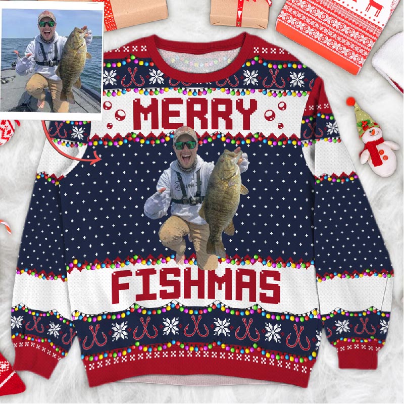 Merry Fishmas Gift For Fishing Lovers - Personalized Photo Ugly Sweater