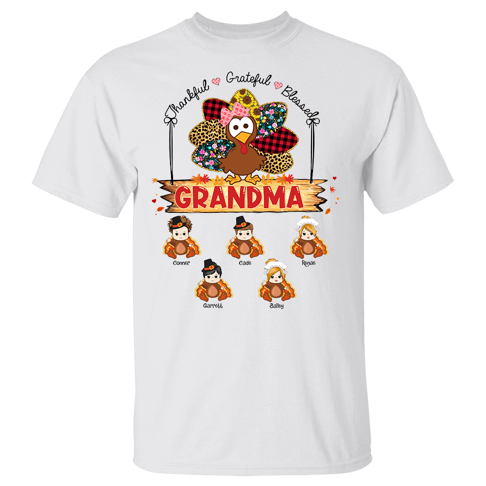 Custom Thankful Grateful Blessed Grandma Turkey Shirt - Custom Thanksgiving Shirt For Family