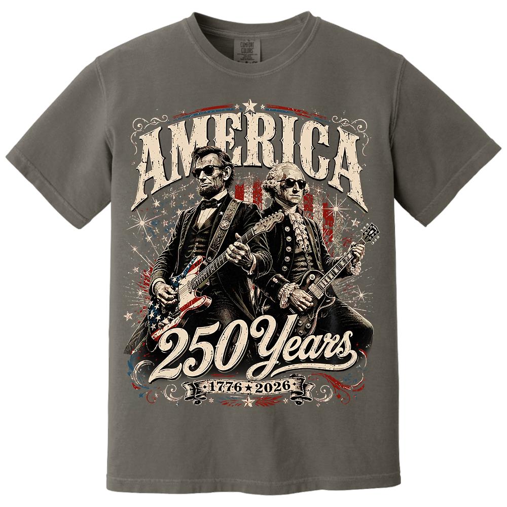 250 Years America Anniversary Guitar Shirt, George Washington & Lincoln Playing Guitar, Funny 4th of July Rock Tee Hv01