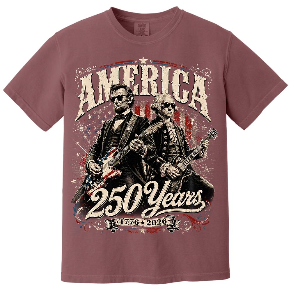 250 Years America Anniversary Guitar Shirt, George Washington & Lincoln Playing Guitar, Funny 4th of July Rock Tee Hv01