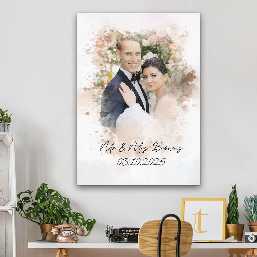 Watercolor Couple Portrait from Photo, Custom Wedding Anniversary Christmas Gift for Wife Husband Parents, Engagement Gift for Friend, Unique Poster Wall Art Nh00