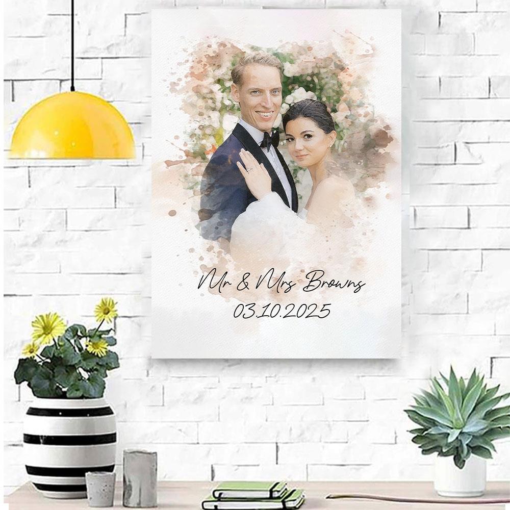 Watercolor Couple Portrait from Photo, Custom Wedding Anniversary Christmas Gift for Wife Husband Parents, Engagement Gift for Friend, Unique Poster Wall Art Nh00