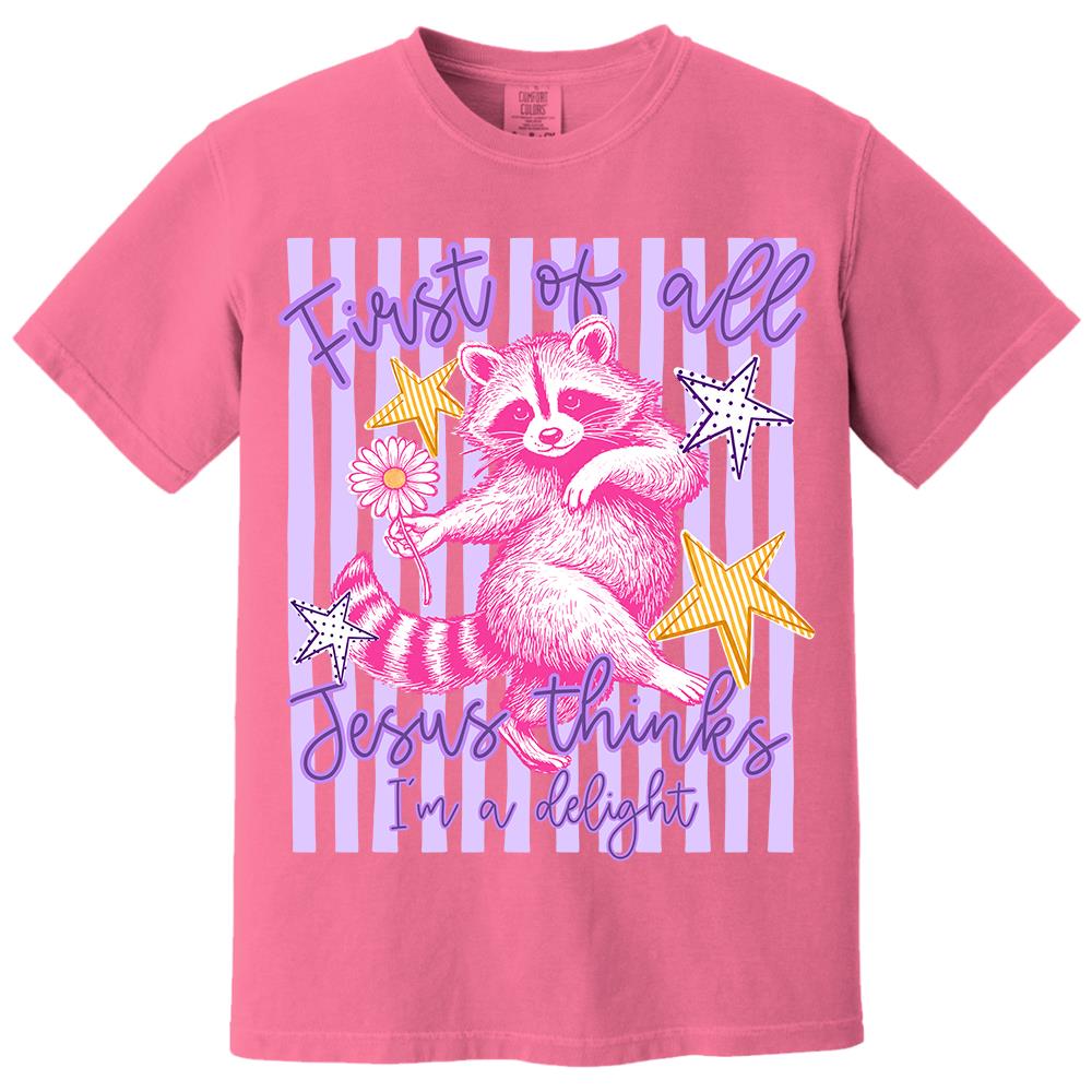 Custom First of All Jesus Thinks I'm A Delight Christian Humor T-shirt, Preppy Striped Summer, Funny Feral Raccoon, Dog, Cat Shirt Hv01