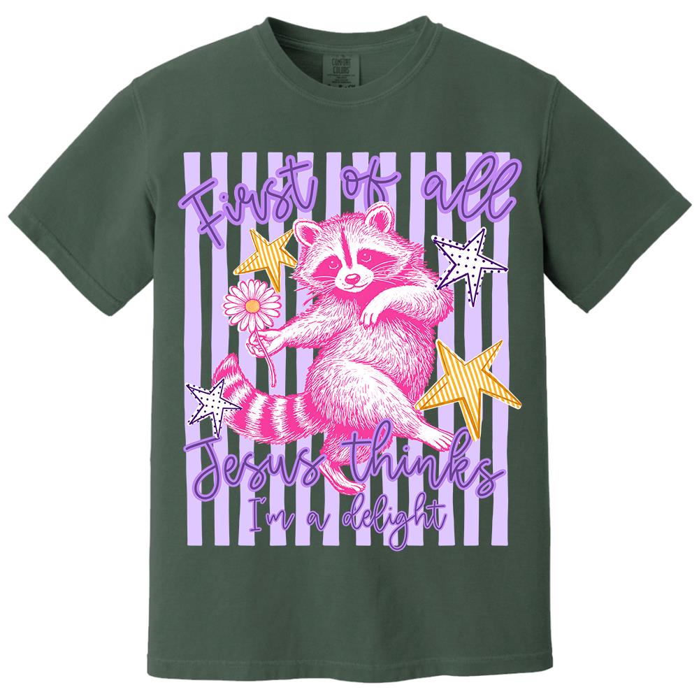 Custom First of All Jesus Thinks I'm A Delight Christian Humor T-shirt, Preppy Striped Summer, Funny Feral Raccoon, Dog, Cat Shirt Hv01