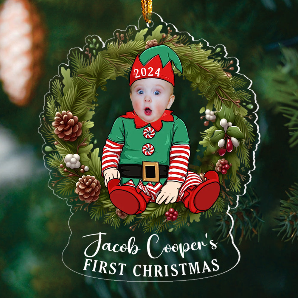 Custom Photo Baby's First Christmas Sitting on Wreath Ornament
