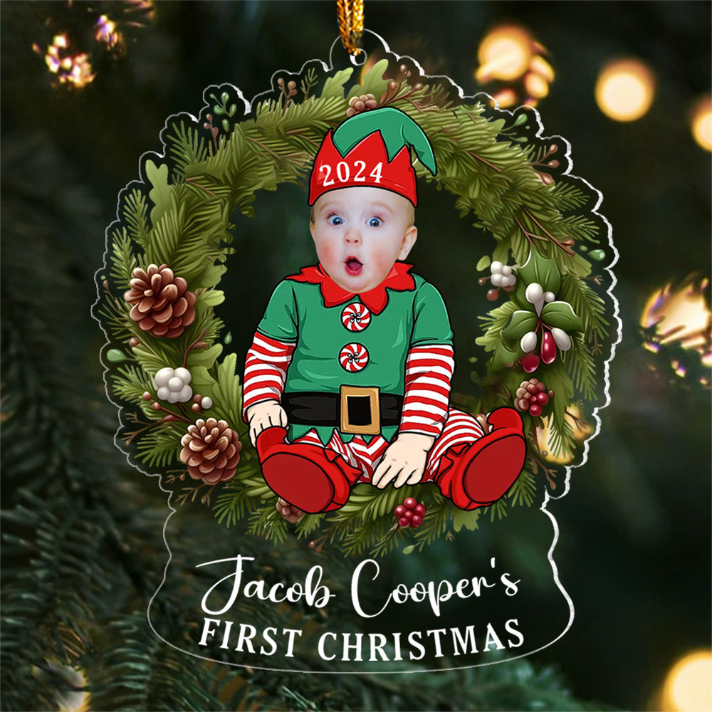 Custom Photo Baby's First Christmas Sitting on Wreath Ornament