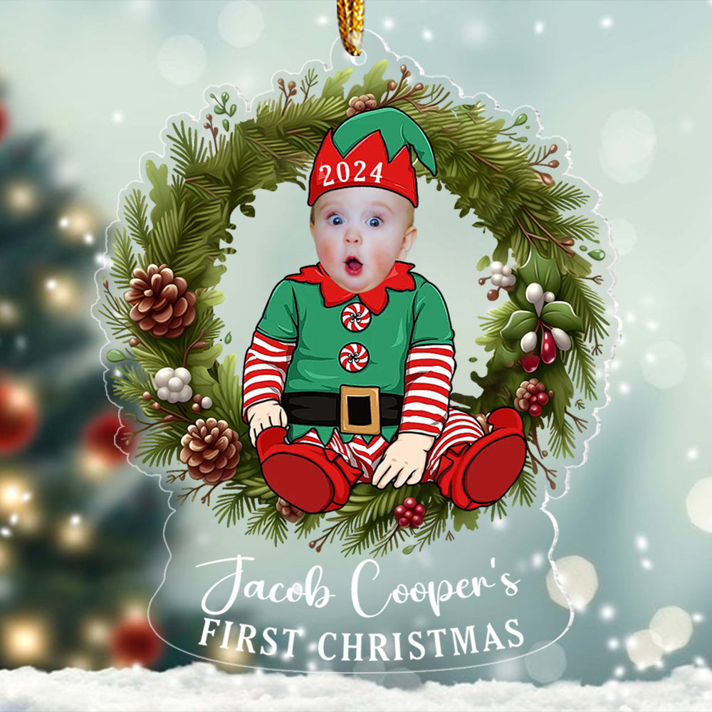 Custom Photo Baby's First Christmas Sitting on Wreath Ornament