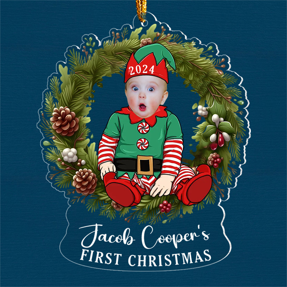 Custom Photo Baby's First Christmas Sitting on Wreath Ornament